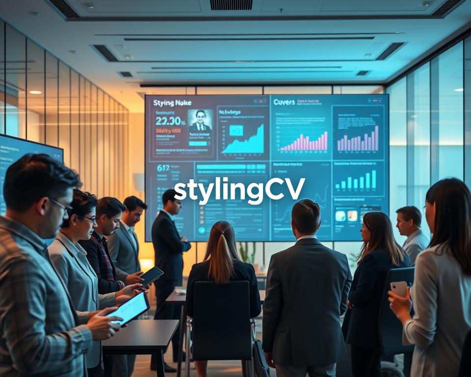 A sleek, modern office environment depicting an applicant tracking system in action. In the foreground, a diverse group of professionals in business attire interact with digital devices, reviewing resumes on large screens displaying complex data and analytics. The middle layer features a stylized digital interface with charts and graphs, reflecting AI algorithms actively scoring resumes. The background reveals a bright, well-lit office with glass walls, suggesting transparency and collaboration. Soft, warm lighting enhances the productivity atmosphere, while a touch of blue highlights technology’s role. Prominently featured is the brand name “StylingCV” displayed creatively within the digital interface. The overall mood conveys innovation and efficiency in hiring processes.