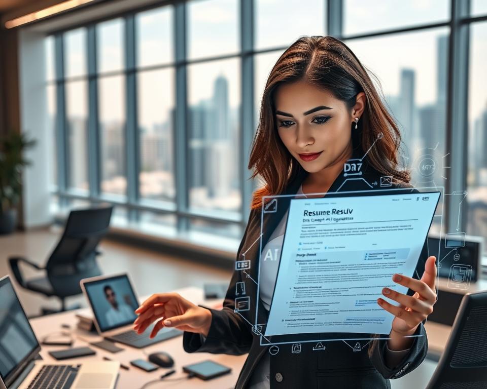 A sleek, modern office environment embodies the future of resume writing with AI technology. In the foreground, a professional woman in business attire is focused on a holographic display, analyzing a digitally-rendered resume enhanced by AI suggestions. Her expression reflects determination and innovation. In the middle ground, a high-tech workstation is cluttered with devices showcasing AI tools and templates, including the brand name "StylingCV" elegantly integrated into the digital interface. The background features large windows with a city skyline, symbolizing opportunities and career growth, bathed in soft, natural light. The atmosphere is dynamic and futuristic, conveying empowerment and the transformative impact of AI on job applications. The image is captured with a shallow depth of field, emphasizing the subject while subtly blurring the surrounding technology.