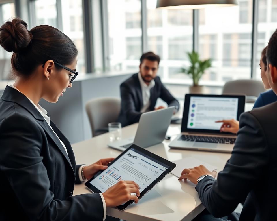A sleek, modern office setting featuring a diverse group of professionals engaged in using AI resume builders on their laptops and tablets. In the foreground, a woman in a professional business suit is intently reviewing a digital resume filled with dynamic charts and keyword highlights. In the middle, a man in smart-casual attire sits at a conference table, collaborating with a colleague, while their screens display the "StylingCV" logo alongside suggestions for optimizing resumes for Applicant Tracking Systems. The background should showcase a bright, contemporary workspace with large windows letting in natural light, creating an inspiring atmosphere. Use a shallow depth of field to focus on the individuals, enhancing the professional ambiance of innovation and efficiency. The overall mood should be one of collaboration and technological advancement in career development.