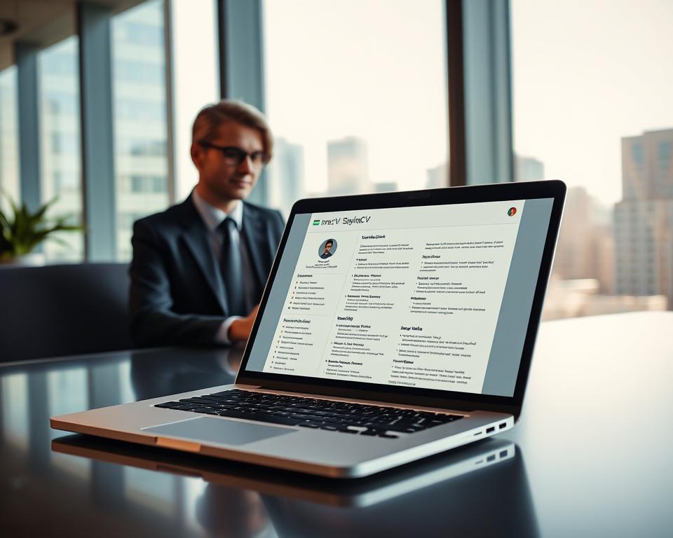 A sleek, modern office setting showcasing the intersection of technology and job applications. In the foreground, a laptop open to the "StylingCV" AI resume builder interface, illuminated by soft, warm lighting. To the left, a professional in business attire is engaging with the software, appearing focused and intrigued. The middle section features a digital representation of a resume populated with bold sections and stylish formatting, symbolizing the ease of use with AI tools. In the background, a large window reveals a cityscape, reflecting a bright, optimistic environment. The overall mood is vibrant and forward-thinking, emphasizing innovation in the job application process. Use a wide-angle lens to capture the entire scene while maintaining clarity and detail. A sleek, modern office setting showcasing the intersection of technology and job applications. In the foreground, a laptop open to the "StylingCV" AI resume builder interface, illuminated by soft, warm lighting. To the left, a professional in business attire is engaging with the software, appearing focused and intrigued. The middle section features a digital representation of a resume populated with bold sections and stylish formatting, symbolizing the ease of use with AI tools. In the background, a large window reveals a cityscape, reflecting a bright, optimistic environment. The overall mood is vibrant and forward-thinking, emphasizing innovation in the job application process. Use a wide-angle lens to capture the entire scene while maintaining clarity and detail.
