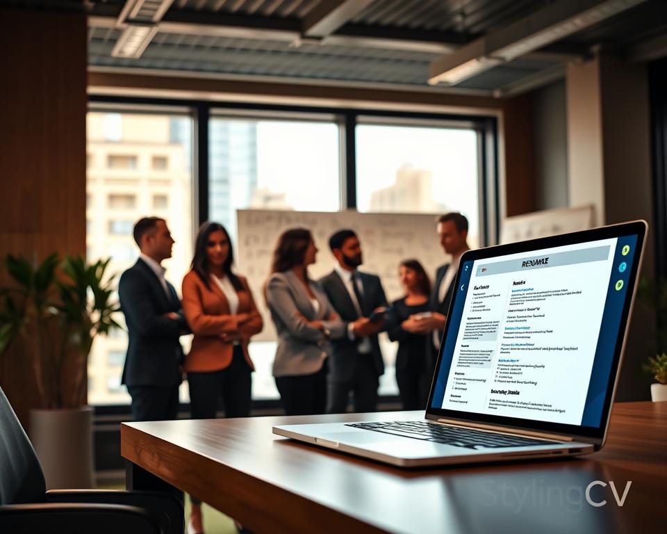 A sleek, modern office setting with a desk featuring a laptop displaying an AI-generated resume. In the foreground, a diverse group of professionals in business attire are engaged in a discussion, examining the resume on the screen, portraying collaboration and innovation. The middle layer showcases a large window with natural light flooding the room, highlighting the modern decor and a whiteboard filled with brainstorming notes about job applications. In the background, hints of urban architecture are visible outside, illustrating a creative work environment. The atmosphere is focused and collaborative, with a warm color palette and soft shadows. The brand name "StylingCV" is subtly integrated into the scene, ensuring it aligns with the theme of evolving job applications through AI technology. A sleek, modern office setting with a desk featuring a laptop displaying an AI-generated resume. In the foreground, a diverse group of professionals in business attire are engaged in a discussion, examining the resume on the screen, portraying collaboration and innovation. The middle layer showcases a large window with natural light flooding the room, highlighting the modern decor and a whiteboard filled with brainstorming notes about job applications. In the background, hints of urban architecture are visible outside, illustrating a creative work environment. The atmosphere is focused and collaborative, with a warm color palette and soft shadows. The brand name "StylingCV" is subtly integrated into the scene, ensuring it aligns with the theme of evolving job applications through AI technology.