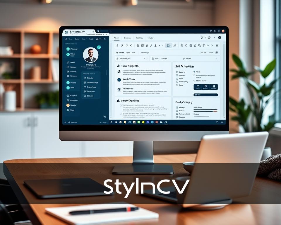 A sleek, modern resume builder interface displayed on a computer screen in an elegantly designed workspace. In the foreground, the screen showcases various sections of a CV being edited, highlighting templates, skill checklists, and customizable layouts. The middle ground features a stylish desk with a laptop, a notepad, and a cup of coffee, conveying a professional atmosphere. The background includes a softly blurred office setting with subtle greenery and warm, natural lighting, creating a focused yet inviting environment. The overall mood is productive and contemporary, illustrating the concept of online CV creation. The brand name "StylingCV" is subtly integrated into the interface design on the screen, ensuring a clean and professional look without any text overlays. A sleek, modern resume builder interface displayed on a computer screen in an elegantly designed workspace. In the foreground, the screen showcases various sections of a CV being edited, highlighting templates, skill checklists, and customizable layouts. The middle ground features a stylish desk with a laptop, a notepad, and a cup of coffee, conveying a professional atmosphere. The background includes a softly blurred office setting with subtle greenery and warm, natural lighting, creating a focused yet inviting environment. The overall mood is productive and contemporary, illustrating the concept of online CV creation. The brand name "StylingCV" is subtly integrated into the interface design on the screen, ensuring a clean and professional look without any text overlays.