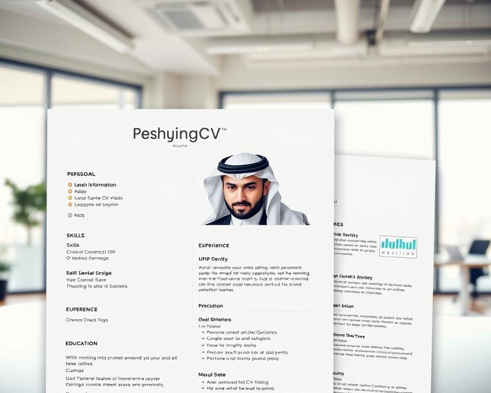 A sleek, modern resume design prominently featuring the brand name "StylingCV" at the top. The foreground showcases a clean, visually appealing layout with neatly organized sections for personal information, skills, experience, and education, all highlighted through subtle color contrasts. The middle layer contains a well-tailored individual dressed in traditional KSA attire, confidently reviewing the resume, seated at a minimalistic desk with a laptop open beside them. In the background, a soothing office environment with soft, natural lighting filters through a large window, enhancing the professional atmosphere. The overall mood is empowering and inspiring, reflecting a space where individuals can focus on building their career with the aid of effective CV builders. The image should be crisp and clear, with a focus on professionalism and clarity. A sleek, modern resume design prominently featuring the brand name "StylingCV" at the top. The foreground showcases a clean, visually appealing layout with neatly organized sections for personal information, skills, experience, and education, all highlighted through subtle color contrasts. The middle layer contains a well-tailored individual dressed in traditional KSA attire, confidently reviewing the resume, seated at a minimalistic desk with a laptop open beside them. In the background, a soothing office environment with soft, natural lighting filters through a large window, enhancing the professional atmosphere. The overall mood is empowering and inspiring, reflecting a space where individuals can focus on building their career with the aid of effective CV builders. The image should be crisp and clear, with a focus on professionalism and clarity.