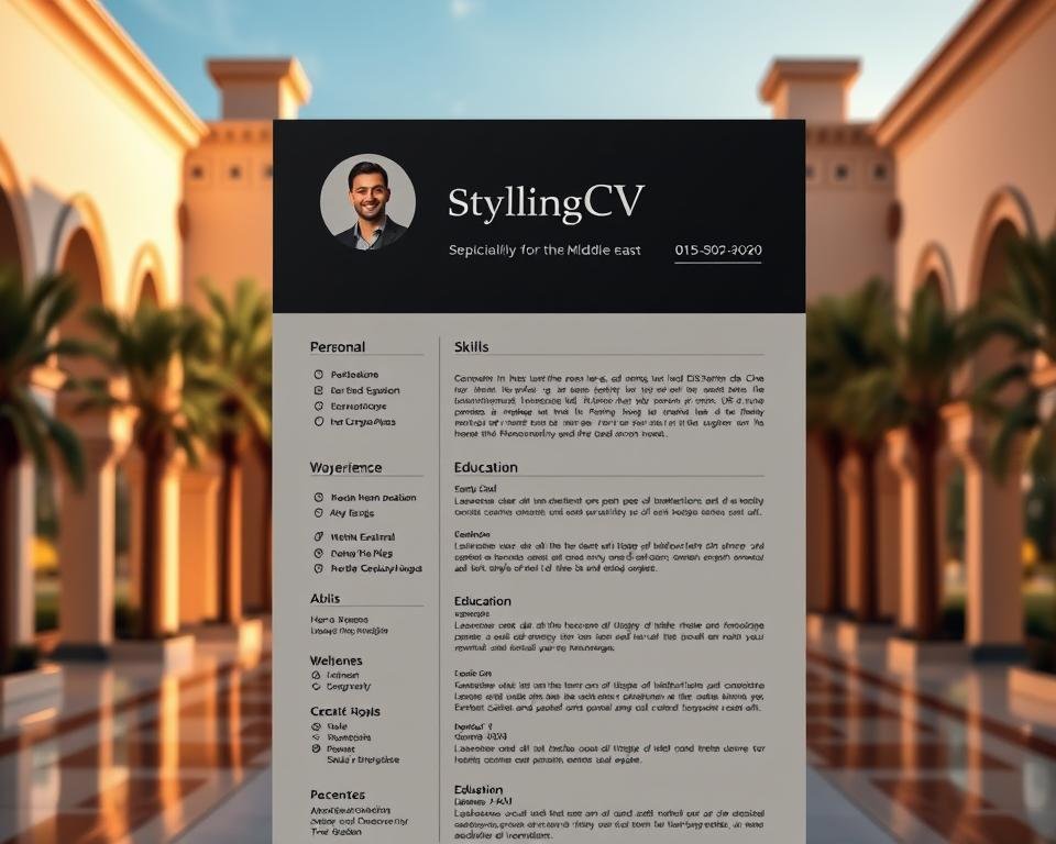 A sleek, modern resume designed specifically for the Middle East job market, featuring a sophisticated layout. In the foreground, highlight a clean, professional CV with sections for personal information, skills, work experience, and education, all presented in an elegant font. The middle features an Arabian-inspired architectural backdrop, blending traditional and contemporary styles, with soft, warm lighting creating a welcoming atmosphere. In the background, include subtle hints of a bustling Middle Eastern city skyline, framed by palm trees under a clear blue sky. The mood should convey professionalism and ambition. Incorporate the brand name "StylingCV" integrated stylishly within the resume design. The image should be polished and visually appealing, making it an ideal illustration for the topic.