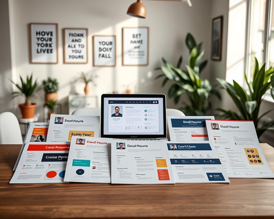 A sleek, modern workspace featuring a collection of personalized resume templates designed by StylingCV. In the foreground, several stylish and diverse resume layouts are arranged on a wooden desk, showcasing innovative designs with vibrant colors and unique typography. In the middle, a laptop displays an AI interface for customizing resumes, with soft, ambient lighting illuminating the scene. The background features a bright, minimalist office environment with plants and motivational artwork on the walls, creating a professional yet inviting atmosphere. The composition captures the essence of merging technology with job application processes, evoking a sense of optimism and forward-thinking innovation. Soft natural light floods the room, enhancing the overall mood of creativity and professionalism. A sleek, modern workspace featuring a collection of personalized resume templates designed by StylingCV. In the foreground, several stylish and diverse resume layouts are arranged on a wooden desk, showcasing innovative designs with vibrant colors and unique typography. In the middle, a laptop displays an AI interface for customizing resumes, with soft, ambient lighting illuminating the scene. The background features a bright, minimalist office environment with plants and motivational artwork on the walls, creating a professional yet inviting atmosphere. The composition captures the essence of merging technology with job application processes, evoking a sense of optimism and forward-thinking innovation. Soft natural light floods the room, enhancing the overall mood of creativity and professionalism.