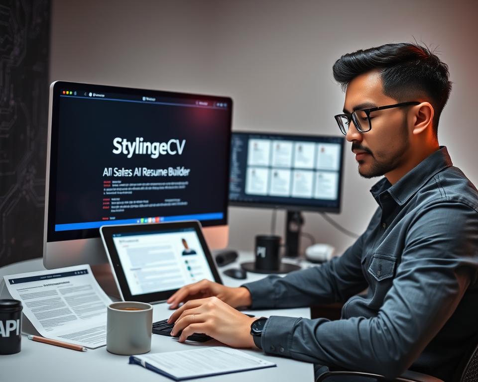 A sleek, modern workspace featuring a computer screen displaying a highly polished AI resume builder interface branded with "StylingCV". In the foreground, a professional developer in smart-casual attire is actively engaged with the API documentation, surrounded by coding notes and a coffee cup. The middle ground includes a digital tablet and smart devices showcasing various resume templates, illustrating the flexibility of AI integration. The background contains elements of technology, like circuit patterns and abstract graphics symbolizing data flow and innovation. Soft, ambient lighting creates a focused atmosphere, while a slight focus blur enhances the depth, leading the viewer's eye to the API interface. The overall mood is collaborative and innovative, inspiring a sense of advancement in resume building technology. A sleek, modern workspace featuring a computer screen displaying a highly polished AI resume builder interface branded with "StylingCV". In the foreground, a professional developer in smart-casual attire is actively engaged with the API documentation, surrounded by coding notes and a coffee cup. The middle ground includes a digital tablet and smart devices showcasing various resume templates, illustrating the flexibility of AI integration. The background contains elements of technology, like circuit patterns and abstract graphics symbolizing data flow and innovation. Soft, ambient lighting creates a focused atmosphere, while a slight focus blur enhances the depth, leading the viewer's eye to the API interface. The overall mood is collaborative and innovative, inspiring a sense of advancement in resume building technology.