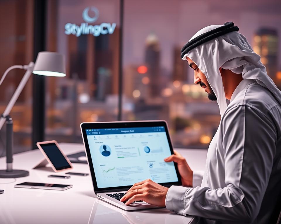 A sleek, modern workspace featuring a digital transformation resume tool interface on a laptop screen. In the foreground, a professional Saudi man in traditional KSA attire examines his resume, showcasing a confident demeanor. In the middle ground, a stylish desk cluttered with digital devices like a tablet and smartphone, with graphics of resume trends and data analytics in the backdrop. The soft glow of ambient lighting highlights the tech-savvy environment, creating a polished and motivated atmosphere. The background includes a blurred cityscape, hinting at Saudi Arabia's forward-looking job market. The brand name "StylingCV" subtly reflected on the laptop screen. The overall mood is inspiring and futuristic, capturing the essence of career development in the digital age.