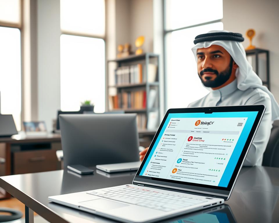 A sleek, modern workspace featuring a professional man dressed in traditional KSA attire, seated at a stylish desk with a laptop open, displaying the brand "StylingCV" on the screen. In the foreground, a detailed view of a digital resume being created with vibrant colors and organized formatting. The middle layer shows a soft-focus bookshelf filled with business books and awards emphasizing professionalism. In the background, a large window allows natural light to flood in, creating a warm atmosphere. The overall mood is inspiring and contemporary, reflecting innovation and competitive edge in the job market, emphasizing the benefits of using AI resume builders. The scene is well-lit, with a slight depth of field to draw focus on the subject and the active resume creation process.