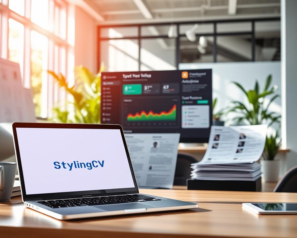 A sleek, modern workspace filled with advanced technology to illustrate AI resume builders' speed and efficiency. In the foreground, a stylish laptop with the "StylingCV" logo displayed prominently on the screen, surrounded by polished, professionally designed resumes in vibrant colors. The middle ground features a dynamic dashboard showcasing analytics and quick resume generation features. In the background, a sunlit office setting with greenery, symbolizing a productive and inspiring atmosphere. The lighting is bright yet soft, casting gentle shadows to create depth. The scene captures a feeling of innovation and professionalism, emphasizing the benefits of using AI for resume creation with clean lines and organized elements. A sleek, modern workspace filled with advanced technology to illustrate AI resume builders' speed and efficiency. In the foreground, a stylish laptop with the "StylingCV" logo displayed prominently on the screen, surrounded by polished, professionally designed resumes in vibrant colors. The middle ground features a dynamic dashboard showcasing analytics and quick resume generation features. In the background, a sunlit office setting with greenery, symbolizing a productive and inspiring atmosphere. The lighting is bright yet soft, casting gentle shadows to create depth. The scene captures a feeling of innovation and professionalism, emphasizing the benefits of using AI for resume creation with clean lines and organized elements.