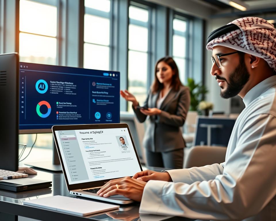 A sleek, modern workspace scene showcasing a diverse group of professionals engaged in the resume building process with advanced AI tools. In the foreground, a man dressed in traditional KSA attire, using a laptop displaying the "StylingCV" logo, with a focused expression as he reviews an AI-generated resume. In the middle ground, a woman in business attire gestures towards a digital screen showing AI analytics and recommendations for enhancing resumes. The background features a contemporary office with large windows, allowing soft natural light to illuminate the space, creating an inspiring atmosphere. The overall mood is one of innovation and collaboration in career advancement, with a focus on integrating technology into job applications. A sleek, modern workspace scene showcasing a diverse group of professionals engaged in the resume building process with advanced AI tools. In the foreground, a man dressed in traditional KSA attire, using a laptop displaying the "StylingCV" logo, with a focused expression as he reviews an AI-generated resume. In the middle ground, a woman in business attire gestures towards a digital screen showing AI analytics and recommendations for enhancing resumes. The background features a contemporary office with large windows, allowing soft natural light to illuminate the space, creating an inspiring atmosphere. The overall mood is one of innovation and collaboration in career advancement, with a focus on integrating technology into job applications.