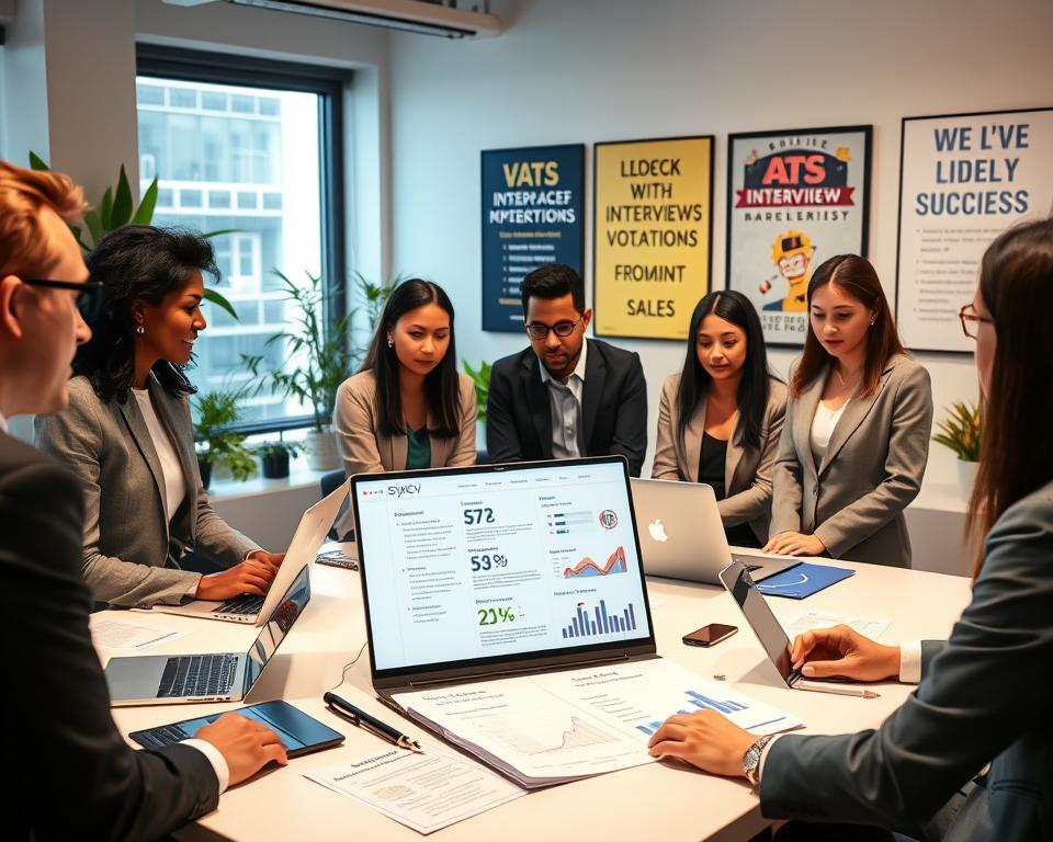 A sleek, modern workspace setting showcasing personalized resume optimization and interview preparation. In the foreground, a diverse group of professionals, dressed in smart business attire, are engaged in a collaborative discussion around a sleek table filled with laptops and printouts of resumes. The middle layer features an open laptop screen displaying a visually appealing resume created by StylingCV, with charts and metrics illustrating ATS optimization. Background elements include a large window with natural light flooding in, plants, and motivational posters about success. The mood is focused and inspiring, emphasizing teamwork and innovation in personal branding and interview strategies. Lighting is bright and warm, capturing a sense of professionalism and readiness. A sleek, modern workspace setting showcasing personalized resume optimization and interview preparation. In the foreground, a diverse group of professionals, dressed in smart business attire, are engaged in a collaborative discussion around a sleek table filled with laptops and printouts of resumes. The middle layer features an open laptop screen displaying a visually appealing resume created by StylingCV, with charts and metrics illustrating ATS optimization. Background elements include a large window with natural light flooding in, plants, and motivational posters about success. The mood is focused and inspiring, emphasizing teamwork and innovation in personal branding and interview strategies. Lighting is bright and warm, capturing a sense of professionalism and readiness.