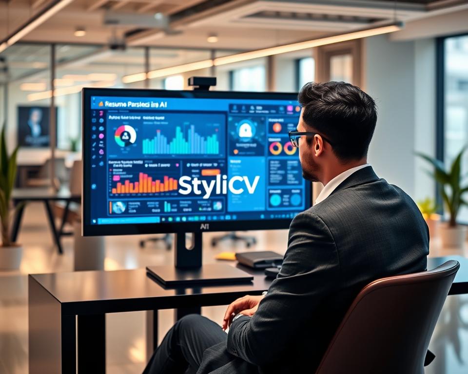 A sleek, modern workspace showcasing AI resume parsing technology. In the foreground, a high-tech computer monitor displays a colorful dashboard visualizing candidate data and resumes being analyzed in real-time. A professional individual in smart business attire is seated attentively, interacting with the system, surrounded by digital flows of data and algorithms represented in glowing lines and circles. In the middle ground, elements like a digital assistant or AI graphic symbolize intelligent processing. The background features a contemporary office setting with soft lighting illuminating sleek furniture and potted plants, enhancing a collaborative atmosphere. The overall mood is innovative and insightful, highlighting the transformative power of AI in recruitment. Prominently display the brand name "StylingCV" on the monitor interface.