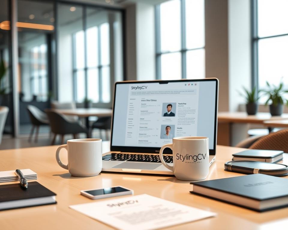A sleek, modern workspace showcasing an ATS optimized resume template displayed on a sleek laptop. The foreground features a well-organized table with stylish stationery, business cards, and a coffee mug marked "StylingCV". In the middle, the laptop screen prominently displays a sample CV tailored for the Middle Eastern job market, incorporating regional aesthetics and professional layouts. The background includes subtle hints of an elegant office environment, with large windows allowing natural light to flood in, highlighting a contemporary décor. The mood is professional yet inviting, emphasizing clarity and sophistication in resume design. Focus on soft, diffused lighting for an uplifting atmosphere. The scene captures the essence of crafting a winning CV specifically for the Middle East.