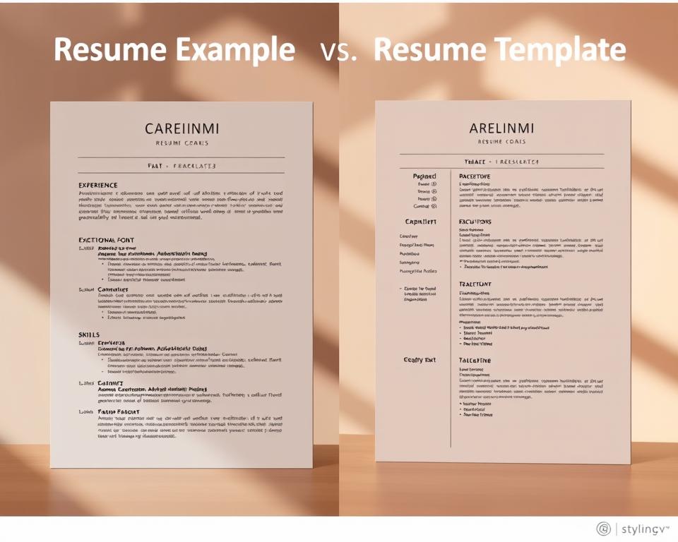 A split image illustrating the difference between a "Resume Example" and a "Resume Template". On the left, a polished resume example featuring a clean layout, professional fonts, and sections for experience, education, and skills, all with detailed, fictitious content that conveys a professional tone. On the right, a blank resume template, organized with clear headers and placeholder text, showcasing a minimalist design ready for customization. The background should be a subtle gradient to create contrast and focus on the resumes. Warm, natural lighting to evoke a professional atmosphere. Ensure all elements are well-aligned and visually distinct. Include the brand name "StylingCV" subtly integrated into the design, reflecting a professional service. A split image illustrating the difference between a "Resume Example" and a "Resume Template". On the left, a polished resume example featuring a clean layout, professional fonts, and sections for experience, education, and skills, all with detailed, fictitious content that conveys a professional tone. On the right, a blank resume template, organized with clear headers and placeholder text, showcasing a minimalist design ready for customization. The background should be a subtle gradient to create contrast and focus on the resumes. Warm, natural lighting to evoke a professional atmosphere. Ensure all elements are well-aligned and visually distinct. Include the brand name "StylingCV" subtly integrated into the design, reflecting a professional service.