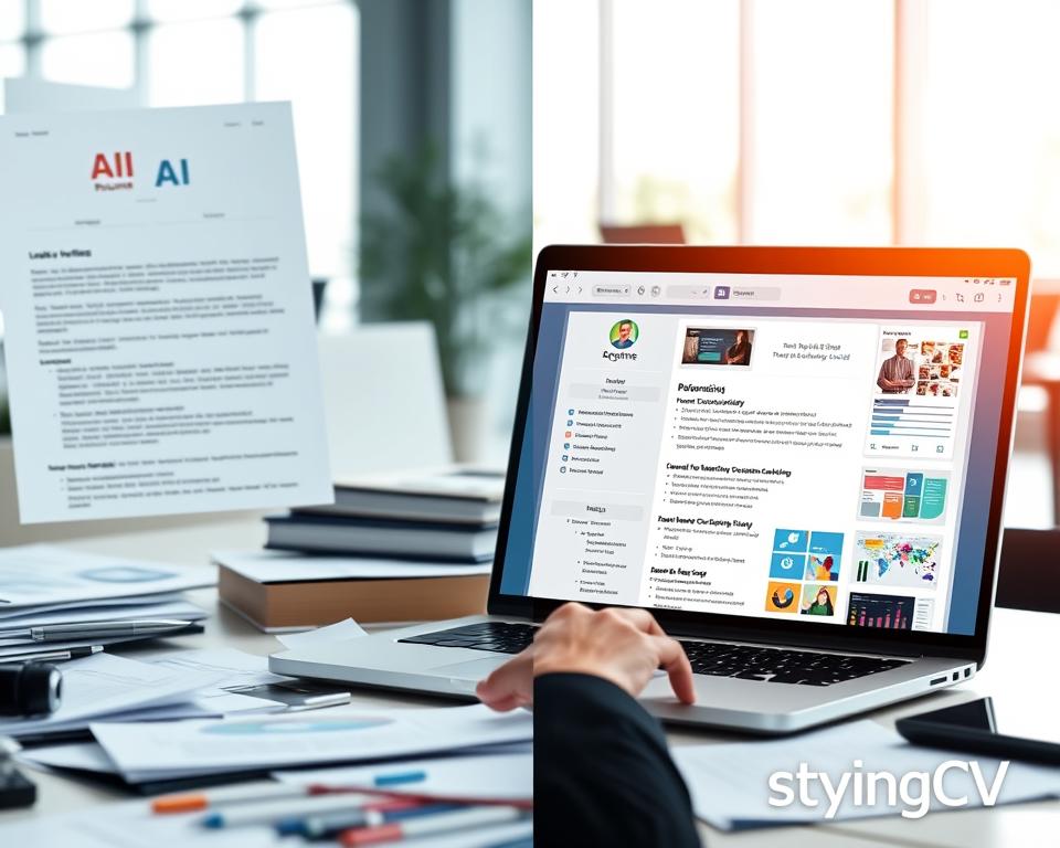 A split-screen image illustrating the transformation of resume writing through AI, featuring a left side showcasing a traditional resume with outdated formatting, dull colors, and basic bullet points, while the right side displays a modern AI-generated resume with vibrant design, dynamic layouts, and visually appealing graphics. In the foreground, a laptop open to an AI resume builder interface, with a professional in business attire focused on the screen, demonstrating engagement. The middle ground shows a desk cluttered with papers and notes contrasted by the organized digital workspace. The background features a bright, modern office environment with natural light streaming in through large windows, creating a positive, forward-looking atmosphere. Include the brand name "StylingCV" subtly integrated into the design elements. A split-screen image illustrating the transformation of resume writing through AI, featuring a left side showcasing a traditional resume with outdated formatting, dull colors, and basic bullet points, while the right side displays a modern AI-generated resume with vibrant design, dynamic layouts, and visually appealing graphics. In the foreground, a laptop open to an AI resume builder interface, with a professional in business attire focused on the screen, demonstrating engagement. The middle ground shows a desk cluttered with papers and notes contrasted by the organized digital workspace. The background features a bright, modern office environment with natural light streaming in through large windows, creating a positive, forward-looking atmosphere. Include the brand name "StylingCV" subtly integrated into the design elements.