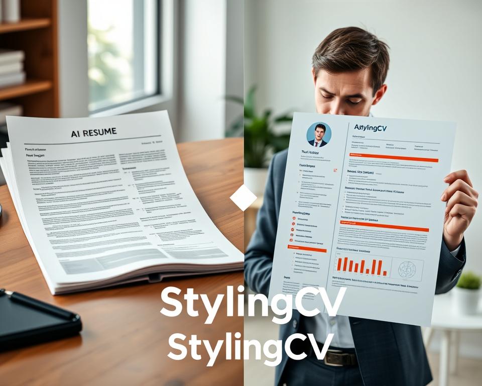 A split-screen image illustrating the transformation of resumes before and after AI integration. On the left side, a dated, cluttered resume with plain text, poor formatting, and lack of visual elements, lying on a wooden desk. On the right side, a sleek, professionally designed resume enhanced by AI, showcasing vibrant colors, elegant fonts, and infographics that highlight key skills. In the foreground, a professional in business attire examines the two resumes, appearing thoughtful. The background features a modern office space with soft, natural lighting, and a hint of greenery through a window, creating a calm and inspiring atmosphere. The brand name "StylingCV" subtly integrated into the AI-enhanced resume design, showcasing innovation. A split-screen image illustrating the transformation of resumes before and after AI integration. On the left side, a dated, cluttered resume with plain text, poor formatting, and lack of visual elements, lying on a wooden desk. On the right side, a sleek, professionally designed resume enhanced by AI, showcasing vibrant colors, elegant fonts, and infographics that highlight key skills. In the foreground, a professional in business attire examines the two resumes, appearing thoughtful. The background features a modern office space with soft, natural lighting, and a hint of greenery through a window, creating a calm and inspiring atmosphere. The brand name "StylingCV" subtly integrated into the AI-enhanced resume design, showcasing innovation.