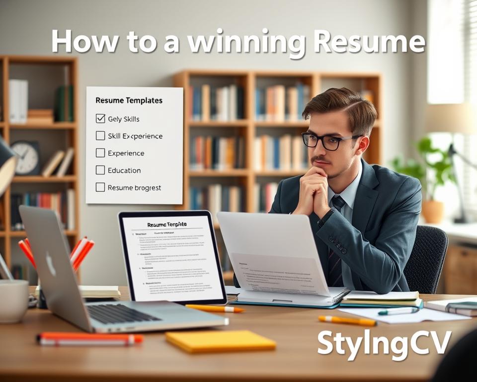 A step-by-step guide to creating a winning resume, illustrated in a clean, modern workspace. In the foreground, a well-organized desk displays essential tools: a laptop open to a resume template and colorful stationery. A thoughtful individual, dressed in smart business attire reflecting KSA traditional dress, intently reviews their work, looking focused and inspired. In the middle ground, visual elements include a checklist outlining key resume components like skills, experience, and education, with clear markers indicating progress. The background features a softly blurred bookcase filled with career-related books, symbolizing professional growth. Soft ambient lighting highlights the workspace, creating a motivating and productive atmosphere. The branding "StylingCV" is subtly integrated into the desk decor, enhancing the theme of effective resume creation. A step-by-step guide to creating a winning resume, illustrated in a clean, modern workspace. In the foreground, a well-organized desk displays essential tools: a laptop open to a resume template and colorful stationery. A thoughtful individual, dressed in smart business attire reflecting KSA traditional dress, intently reviews their work, looking focused and inspired. In the middle ground, visual elements include a checklist outlining key resume components like skills, experience, and education, with clear markers indicating progress. The background features a softly blurred bookcase filled with career-related books, symbolizing professional growth. Soft ambient lighting highlights the workspace, creating a motivating and productive atmosphere. The branding "StylingCV" is subtly integrated into the desk decor, enhancing the theme of effective resume creation.