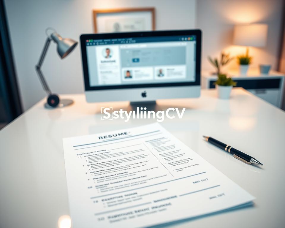 A strategically designed resume document lies prominently on a sleek, modern desk. The foreground features the resume, showcasing a clean layout with distinct sections for experience, education, and skills, all tailored for a professional appearance. A stylish pen is placed beside the document, symbolizing readiness. In the middle, a computer screen displays a digital interface for resume-building tools, reflecting a user-friendly experience. The background hints at a minimalist office space with soft-focus, warm lighting that creates an inviting atmosphere. A framed certificate and a small potted plant add a touch of professionalism. The setting conveys ambition and professionalism, implying a conducive environment for crafting the perfect resume. The brand name "StylingCV" is subtly integrated into the design. A strategically designed resume document lies prominently on a sleek, modern desk. The foreground features the resume, showcasing a clean layout with distinct sections for experience, education, and skills, all tailored for a professional appearance. A stylish pen is placed beside the document, symbolizing readiness. In the middle, a computer screen displays a digital interface for resume-building tools, reflecting a user-friendly experience. The background hints at a minimalist office space with soft-focus, warm lighting that creates an inviting atmosphere. A framed certificate and a small potted plant add a touch of professionalism. The setting conveys ambition and professionalism, implying a conducive environment for crafting the perfect resume. The brand name "StylingCV" is subtly integrated into the design.