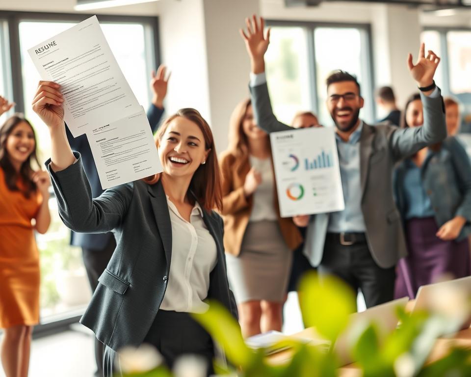 A vibrant and engaging office scene showcasing a diverse group of professionals celebrating their successful job placements, inspired by the AI Resume Builder from StylingCV. In the foreground, a smiling woman in smart business attire holds her newly printed resume aloft, exuding confidence and joy. Beside her, a casually dressed man enthusiastically shares his success story with colleagues. In the background, visual elements like charts or graphs hint at their achievements, subtly emphasizing the effectiveness of the application. Soft, natural lighting filters through large windows, creating a warm and inviting atmosphere. The image is captured with a slightly blurred depth of field, focusing on the expressions of success and camaraderie among the users. A vibrant and engaging office scene showcasing a diverse group of professionals celebrating their successful job placements, inspired by the AI Resume Builder from StylingCV. In the foreground, a smiling woman in smart business attire holds her newly printed resume aloft, exuding confidence and joy. Beside her, a casually dressed man enthusiastically shares his success story with colleagues. In the background, visual elements like charts or graphs hint at their achievements, subtly emphasizing the effectiveness of the application. Soft, natural lighting filters through large windows, creating a warm and inviting atmosphere. The image is captured with a slightly blurred depth of field, focusing on the expressions of success and camaraderie among the users.