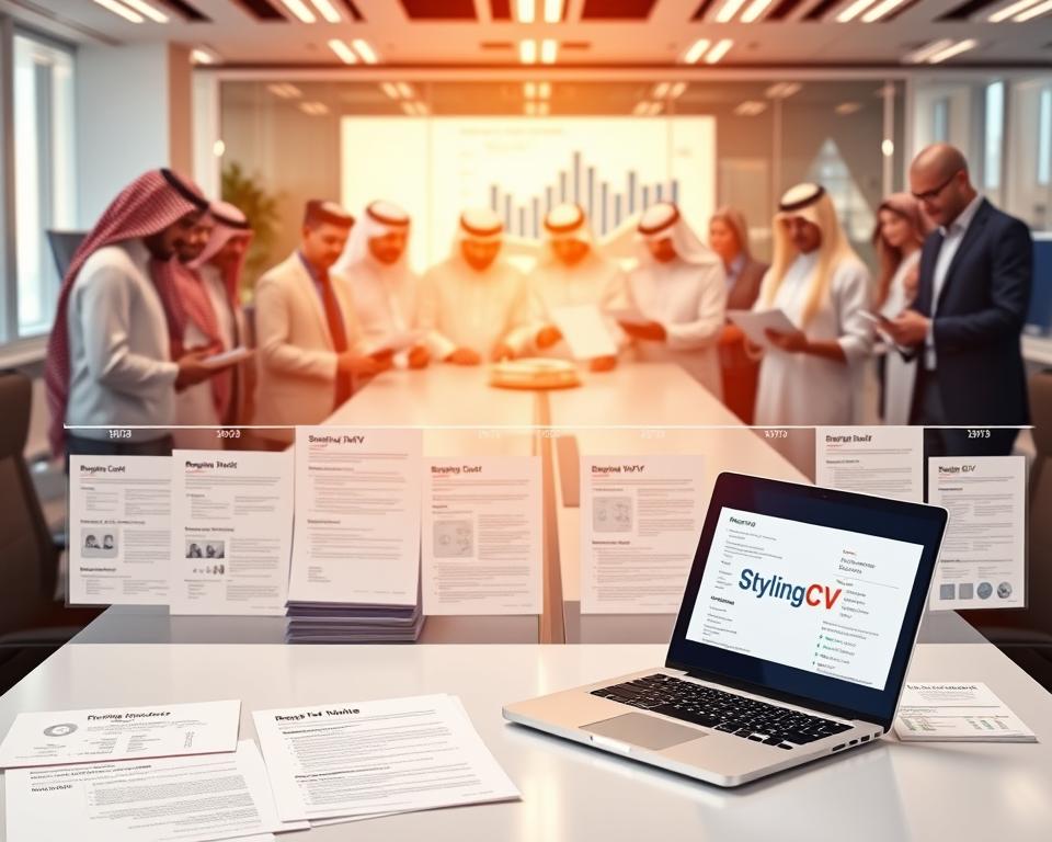 A visual timeline illustrating the evolution of resume builders in a changing job market. In the foreground, feature a sleek, modern desk with a laptop displaying the StylingCV logo, surrounded by organized papers with different resume templates from various decades—each showcasing distinct styles, from traditional paper formats to contemporary digital designs. In the middle ground, display an array of diverse professionals in business attire, including men in traditional GCC clothing, collaborating over resumes. The background should depict an office environment with dynamic lighting, representing innovation and progress, highlighting charts and a digital job market landscape. Use a warm, engaging atmosphere to convey the optimism of adapting to new job demands. A visual timeline illustrating the evolution of resume builders in a changing job market. In the foreground, feature a sleek, modern desk with a laptop displaying the StylingCV logo, surrounded by organized papers with different resume templates from various decades—each showcasing distinct styles, from traditional paper formats to contemporary digital designs. In the middle ground, display an array of diverse professionals in business attire, including men in traditional GCC clothing, collaborating over resumes. The background should depict an office environment with dynamic lighting, representing innovation and progress, highlighting charts and a digital job market landscape. Use a warm, engaging atmosphere to convey the optimism of adapting to new job demands.