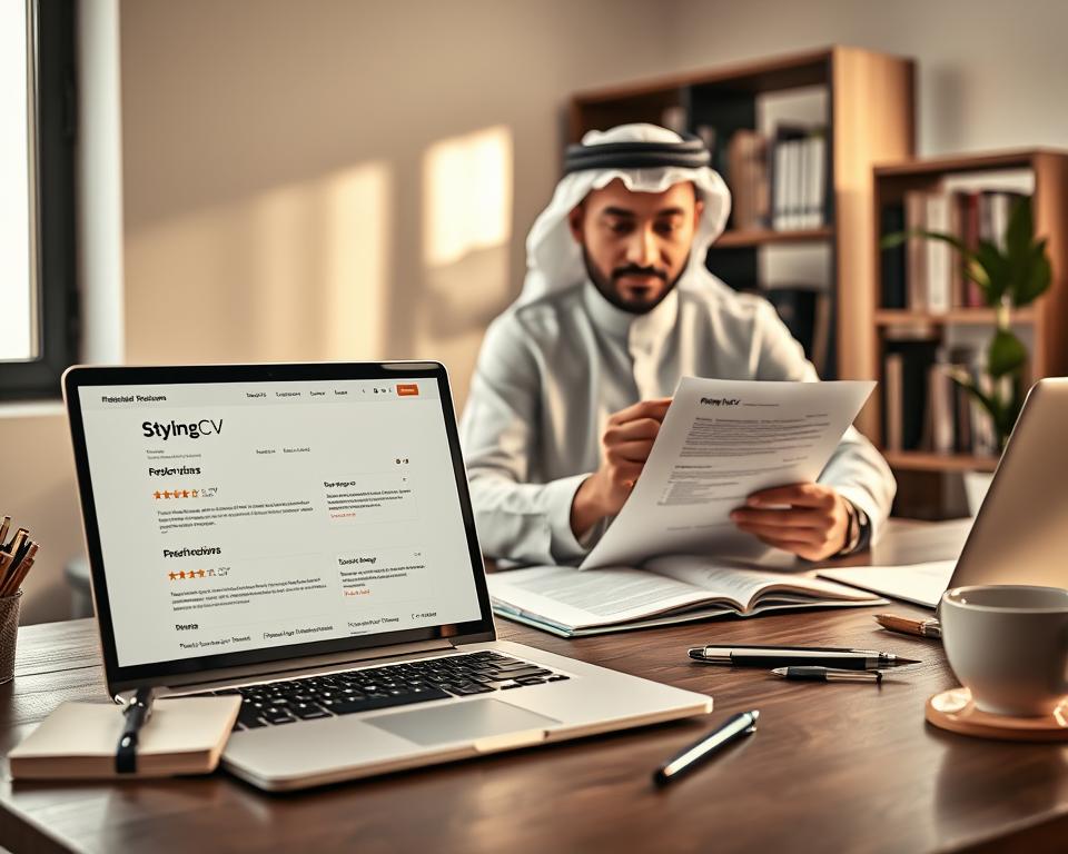 A visually appealing and modern workspace, featuring a well-organized professional resume service review scene. In the foreground, a sleek laptop is open, displaying an elegant website for "StylingCV," showcasing resume reviews with star ratings. Surrounding the laptop, there are neatly arranged office supplies: a stylish notebook, a pen, and a cup of coffee. In the middle ground, a confident man dressed in traditional KSA attire is seated at the desk, thoughtfully analyzing a printed resume with a pencil in hand. Soft, natural lighting filters through a nearby window, casting a warm glow on the scene, creating an inviting atmosphere. The background displays a subtle bookcase filled with career-related books and a potted plant, enhancing the professional mood without distraction. A visually appealing and modern workspace, featuring a well-organized professional resume service review scene. In the foreground, a sleek laptop is open, displaying an elegant website for "StylingCV," showcasing resume reviews with star ratings. Surrounding the laptop, there are neatly arranged office supplies: a stylish notebook, a pen, and a cup of coffee. In the middle ground, a confident man dressed in traditional KSA attire is seated at the desk, thoughtfully analyzing a printed resume with a pencil in hand. Soft, natural lighting filters through a nearby window, casting a warm glow on the scene, creating an inviting atmosphere. The background displays a subtle bookcase filled with career-related books and a potted plant, enhancing the professional mood without distraction.