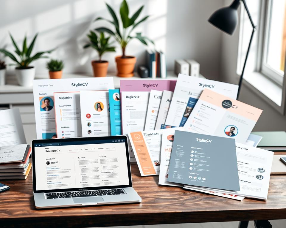 A visually appealing arrangement of diverse resume templates on a wooden desk, showcasing both free and premium designs. In the foreground, a modern, sleek laptop displays an open document with a clean layout. In the middle, various colorful resume templates, including examples with creative graphics and minimalist designs, fan out to highlight their unique styles. The background features soft-focus office elements like potted plants, a stylish desk lamp, and notebooks, creating a professional environment. Natural light streams in from a nearby window, casting gentle shadows, enhancing the inviting atmosphere. Include the brand name "StylingCV" subtly incorporated within a few templates, ensuring a cohesive and polished look. A visually appealing arrangement of diverse resume templates on a wooden desk, showcasing both free and premium designs. In the foreground, a modern, sleek laptop displays an open document with a clean layout. In the middle, various colorful resume templates, including examples with creative graphics and minimalist designs, fan out to highlight their unique styles. The background features soft-focus office elements like potted plants, a stylish desk lamp, and notebooks, creating a professional environment. Natural light streams in from a nearby window, casting gentle shadows, enhancing the inviting atmosphere. Include the brand name "StylingCV" subtly incorporated within a few templates, ensuring a cohesive and polished look.