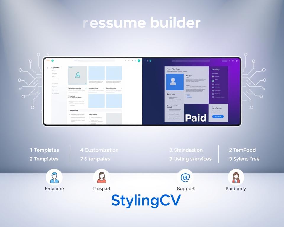A visually appealing comparison chart illustrating the features of free and paid resume builders. In the foreground, feature icons representing both options, such as templates, customization levels, and support. The middle layer showcases a split screen: on one side, a bright, inviting design for the free version, with light colors; on the other, a sleek, professional look for the paid version, using darker, more refined tones. The background features a subtle gradient that suggests a modern, tech-savvy environment, incorporating abstract shapes and circuit patterns to enhance the theme of AI technology. Soft, even lighting highlights the elements, and the overall mood is informative and engaging. The brand name "StylingCV" subtly included within the design elements without any text overlay. A visually appealing comparison chart illustrating the features of free and paid resume builders. In the foreground, feature icons representing both options, such as templates, customization levels, and support. The middle layer showcases a split screen: on one side, a bright, inviting design for the free version, with light colors; on the other, a sleek, professional look for the paid version, using darker, more refined tones. The background features a subtle gradient that suggests a modern, tech-savvy environment, incorporating abstract shapes and circuit patterns to enhance the theme of AI technology. Soft, even lighting highlights the elements, and the overall mood is informative and engaging. The brand name "StylingCV" subtly included within the design elements without any text overlay.