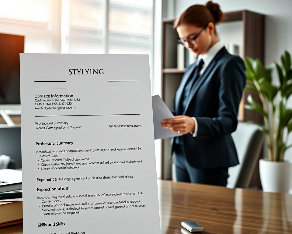 A visually appealing composition illustrating essential sections of a resume. In the foreground, feature a neatly organized resume layout with clearly defined sections such as "Contact Information", "Professional Summary", "Experience", "Education", and "Skills". Use a modern font and a simple, elegant color palette to convey professionalism. In the middle ground, an office desk scene with a person dressed in traditional KSA attire, diligently reviewing the resume; they appear focused and engaged. The background features a well-lit, contemporary office environment, complete with a bookshelf and a potted plant, creating an atmosphere of productivity. Soft, natural lighting enhances the scene, giving it a warm and inviting feel. Include the brand name "StylingCV" subtly integrated into the scene as a design element. A visually appealing composition illustrating essential sections of a resume. In the foreground, feature a neatly organized resume layout with clearly defined sections such as "Contact Information", "Professional Summary", "Experience", "Education", and "Skills". Use a modern font and a simple, elegant color palette to convey professionalism. In the middle ground, an office desk scene with a person dressed in traditional KSA attire, diligently reviewing the resume; they appear focused and engaged. The background features a well-lit, contemporary office environment, complete with a bookshelf and a potted plant, creating an atmosphere of productivity. Soft, natural lighting enhances the scene, giving it a warm and inviting feel. Include the brand name "StylingCV" subtly integrated into the scene as a design element.