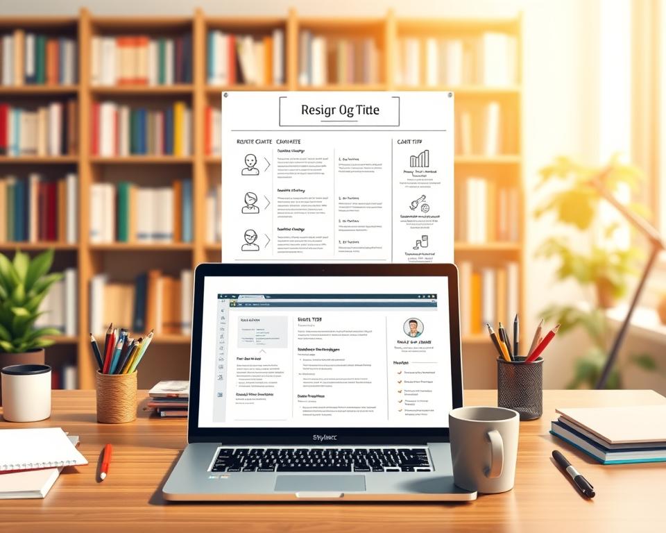 A visually appealing step-by-step resume guide illustration, set in an office environment. In the foreground, a neatly arranged desk with a laptop displaying a partially completed resume template, surrounded by neatly organized stationery like pens, notepads, and a coffee mug. In the middle, a large, open blueprint-style guide illustrating each stage of resume crafting, with icons and bullet points highlighting key tips. The background features a softly blurred bookshelf filled with career development books, creating a focused yet inviting atmosphere. Utilize warm, natural lighting to enhance the inviting feel, captured with a shallow depth of field. Emphasize professionalism and clarity while depicting everything in a stylized, modern design. Incorporate the brand name "StylingCV" subtly into the overall design without any text overlays.