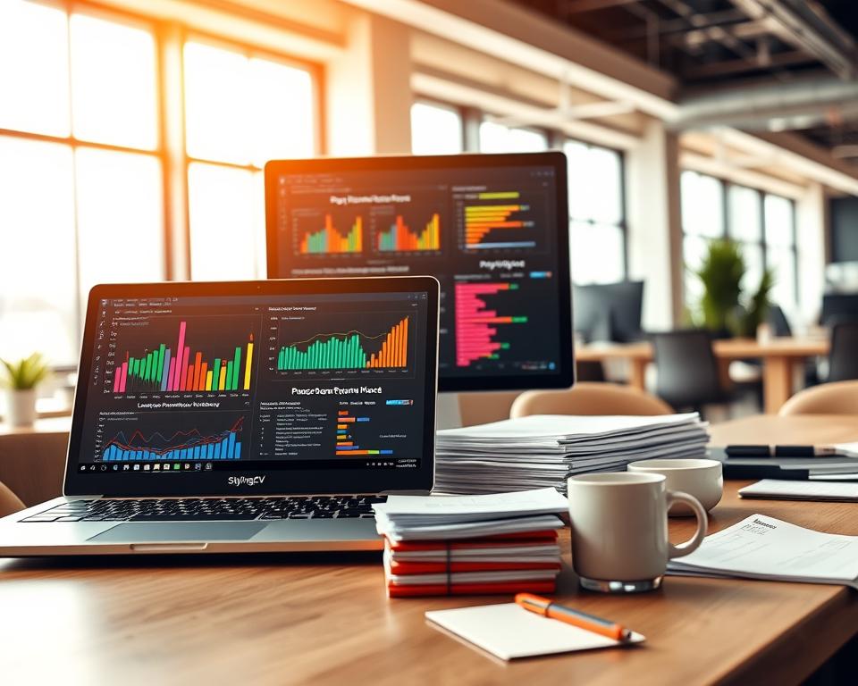 A visually appealing workspace scene showcasing a digital interface of open source resume parsing tools. In the foreground, an elegant computer screen displays colorful graphs and parse results, while a stylish laptop lies next to it displaying the project name "StylingCV". In the middle, stacks of resumes in various colors and designs are thoughtfully arranged, alongside a coffee cup and a notepad for brainstorming ideas. In the background, a bright, modern office environment with large windows allowing natural light to flood in, creating a warm and inviting atmosphere. The focus is on innovation and collaboration, capturing the essence of comparing open source and commercial tools in an engaging, professional setting. The angle is slightly elevated, providing a comprehensive view of the workspace.