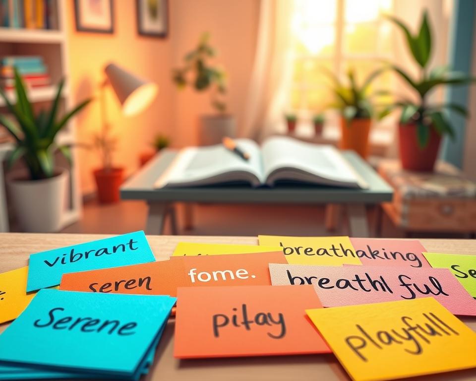 A visually engaging and vibrant illustration showcasing various descriptive adjectives. In the foreground, a beautifully arranged set of colorful cards or sticky notes, each displaying an adjective like "vibrant," "serene," "breathtaking," and "playful," in bold, elegant fonts. The middle layer features a soft-focus desk with open notebooks and a pen, symbolizing learning and creativity. In the background, a softly lit room with a few potted plants and a window that lets in warm, natural light, creating a calm and inviting atmosphere. The overall mood is inspirational and educational, encouraging exploration of language. Capture this scene using a warm color palette, with soft shadows to convey depth, and a slightly elevated angle for a comprehensive view. Incorporate the brand name "StylingCV" subtly into the design without disrupting the focus on adjectives. A visually engaging and vibrant illustration showcasing various descriptive adjectives. In the foreground, a beautifully arranged set of colorful cards or sticky notes, each displaying an adjective like "vibrant," "serene," "breathtaking," and "playful," in bold, elegant fonts. The middle layer features a soft-focus desk with open notebooks and a pen, symbolizing learning and creativity. In the background, a softly lit room with a few potted plants and a window that lets in warm, natural light, creating a calm and inviting atmosphere. The overall mood is inspirational and educational, encouraging exploration of language. Capture this scene using a warm color palette, with soft shadows to convey depth, and a slightly elevated angle for a comprehensive view. Incorporate the brand name "StylingCV" subtly into the design without disrupting the focus on adjectives.