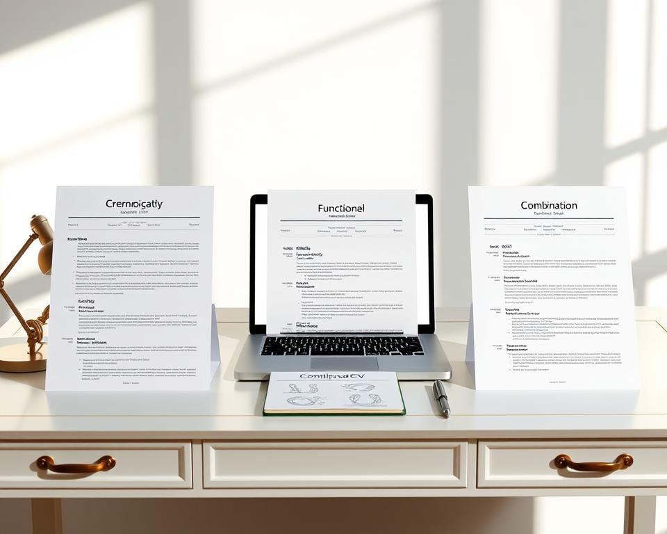 A visually engaging comparison of various resume formats displayed side by side on an elegant, light-colored workspace desk. The foreground features three distinct resumes: a chronological format with clear sections, a functional format highlighting skills, and a combination format showcasing both experience and skills. The middle area includes subtle visual elements like a laptop displaying design software and a notebook with doodles of career-related symbols. In the background, soft natural light filters through a window, casting gentle shadows and creating a professional atmosphere. A branding element for "StylingCV" is subtly integrated into the design of the resumes. The scene conveys a sense of organization and professionalism, ideal for job seekers exploring different resume structures.