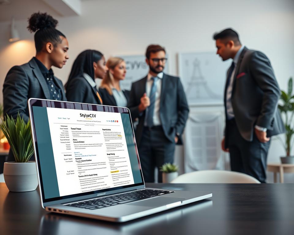 A visually engaging composition illustrating applicant tracking systems and resume compatibility for the section titled "The Importance of AI Resume Formatting Rules." In the foreground, feature a well-organized digital resume displayed on a sleek laptop screen, showcasing formatting elements like bullet points, headers, and key skills highlighted. In the middle ground, a diverse group of professionals in formal business attire engage in discussion around the laptop, highlighting collaboration and innovation. The background should depict a modern office environment with soft, diffused lighting, creating a professional yet inviting atmosphere. Include decorative elements like a stylish potted plant and a minimalist inspiration board displaying the brand name "StylingCV." Use a wide-angle lens effect to capture the scene's depth and create a sense of dynamic interaction.