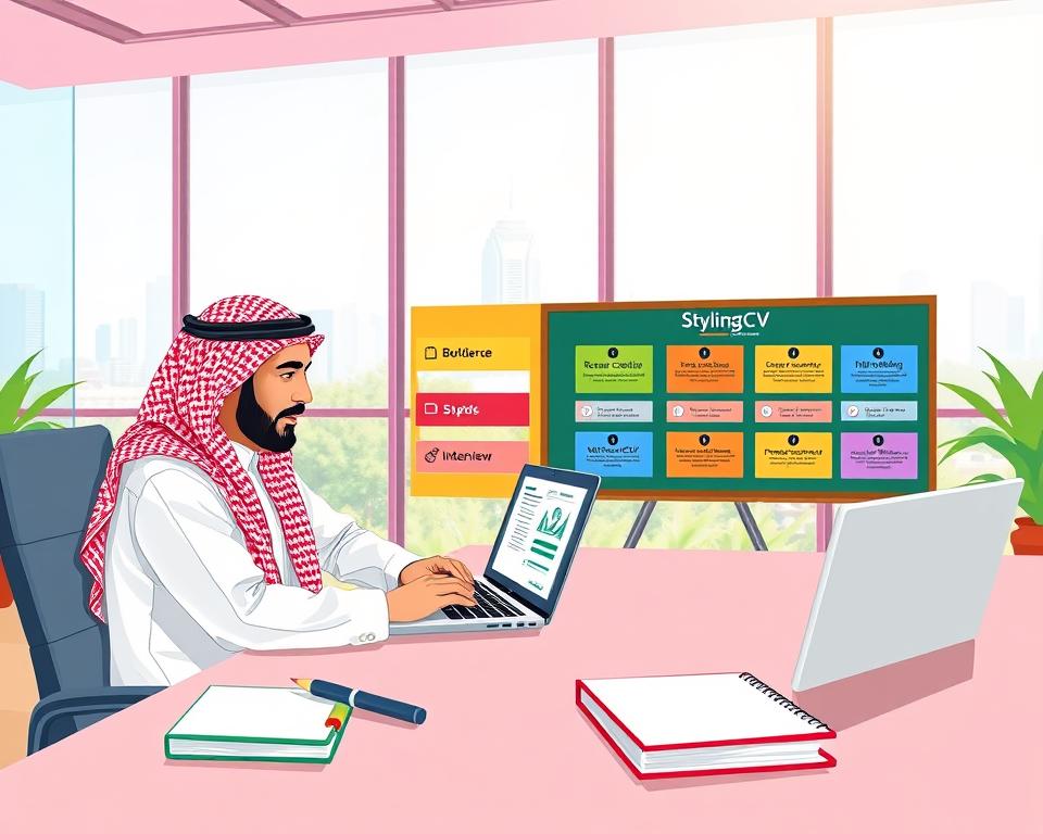 A visually engaging illustration of a "Step-by-Step Guide to Successful Job Applications" set in a vibrant, modern office environment. In the foreground, a professional man in traditional KSA attire (thobe and ghutrah) sits at a sleek desk, focused on a laptop displaying a job application. Beside him, neatly arranged documents and a stylish notebook labeled "StylingCV" suggest preparation and organization. In the middle ground, an inviting bulletin board showcases colorful steps for job applications, including tips like "Resume Creation," "Networking," and "Interview Preparation." The background features bright natural lighting from large windows and a city skyline visible outside, creating an optimistic atmosphere of opportunity and success.