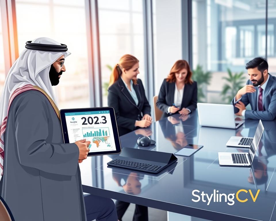 A visually engaging illustration of the 2025 job market trends, featuring a diverse group of professionals in smart business attire gathered around a high-tech conference table. In the foreground, a professional man in traditional KSA attire displays a digital tablet showing infographics about emerging job sectors. In the middle ground, a woman in a sharp suit takes notes, while another individual engages in lively discussion with a laptop open, displaying analytics. The background showcases a modern office environment with large windows, allowing natural light to flood in, enhancing a collaborative atmosphere. Soft focus on the background creates depth, contributing to a progressive and optimistic mood about career opportunities. Branding includes the subtle presence of the logo "StylingCV" integrated into the office decor. A visually engaging illustration of the 2025 job market trends, featuring a diverse group of professionals in smart business attire gathered around a high-tech conference table. In the foreground, a professional man in traditional KSA attire displays a digital tablet showing infographics about emerging job sectors. In the middle ground, a woman in a sharp suit takes notes, while another individual engages in lively discussion with a laptop open, displaying analytics. The background showcases a modern office environment with large windows, allowing natural light to flood in, enhancing a collaborative atmosphere. Soft focus on the background creates depth, contributing to a progressive and optimistic mood about career opportunities. Branding includes the subtle presence of the logo "StylingCV" integrated into the office decor.