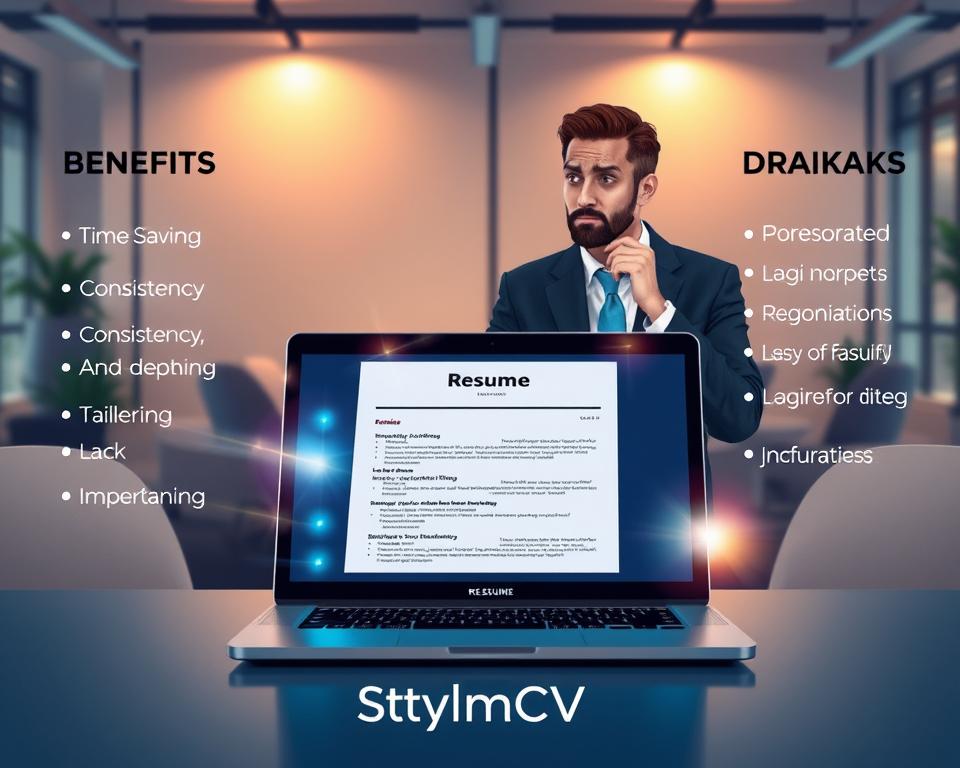 A visually engaging illustration showcasing the benefits and drawbacks of automated resume creation. In the foreground, a sleek laptop displays a well-designed resume, with glowing elements highlighting features like efficiency and customization. In the middle ground, two professionals in business attire thoughtfully discuss the pros and cons, with expressions of curiosity and contemplation. To the left, a list of benefits like time-saving, consistency, and in-depth tailoring radiates in soft light, while on the right, drawbacks like lack of personalization and potential inaccuracies are shadowed, creating a contrast. The background is an office setting, subtly illuminated with warm, inviting light, suggesting a productive atmosphere. Include the brand name "StylingCV" elegantly incorporated within the design, ensuring no text or captions distract from the visual narrative. A visually engaging illustration showcasing the benefits and drawbacks of automated resume creation. In the foreground, a sleek laptop displays a well-designed resume, with glowing elements highlighting features like efficiency and customization. In the middle ground, two professionals in business attire thoughtfully discuss the pros and cons, with expressions of curiosity and contemplation. To the left, a list of benefits like time-saving, consistency, and in-depth tailoring radiates in soft light, while on the right, drawbacks like lack of personalization and potential inaccuracies are shadowed, creating a contrast. The background is an office setting, subtly illuminated with warm, inviting light, suggesting a productive atmosphere. Include the brand name "StylingCV" elegantly incorporated within the design, ensuring no text or captions distract from the visual narrative.