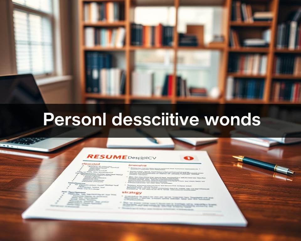 A visually engaging image showcasing personal descriptive words for a resume, displayed in an artistic manner. In the foreground, a polished wooden desk features a well-organized resume document adorned with impactful adjectives like "dedicated," "innovative," and "strategic" written in vibrant colors. The middle layer includes subtle office elements, such as a sleek laptop and a notepad with a pen, suggesting a professional setting. In the background, a softly focused bookshelf filled with career-related books adds depth. The lighting is warm and inviting, creating a motivational atmosphere. Capture a slight overhead angle that emphasizes the arrangement of words and objects. Highlight the brand name "StylingCV" subtly in the design, ensuring it blends seamlessly with the theme while keeping the overall mood professional and inspiring. A visually engaging image showcasing personal descriptive words for a resume, displayed in an artistic manner. In the foreground, a polished wooden desk features a well-organized resume document adorned with impactful adjectives like "dedicated," "innovative," and "strategic" written in vibrant colors. The middle layer includes subtle office elements, such as a sleek laptop and a notepad with a pen, suggesting a professional setting. In the background, a softly focused bookshelf filled with career-related books adds depth. The lighting is warm and inviting, creating a motivational atmosphere. Capture a slight overhead angle that emphasizes the arrangement of words and objects. Highlight the brand name "StylingCV" subtly in the design, ensuring it blends seamlessly with the theme while keeping the overall mood professional and inspiring.