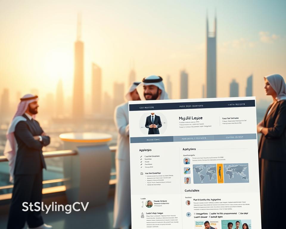 A visually engaging representation of the 2025 job market trends and the evolution of resumes. In the foreground, a modern resume template displaying innovative design elements, such as infographics and customizable sections, reflecting a digital age. In the middle ground, a diverse group of professionals dressed in formal business attire, including men in traditional KSA clothing, collaborating and discussing job applications. The background features a futuristic city skyline, symbolizing advancement and opportunity, with soft sunrise lighting casting a warm glow, enhancing the atmosphere of optimism and progress. The brand name "StylingCV" subtly integrated into the design, emphasizing innovation in resume building. A visually engaging representation of the 2025 job market trends and the evolution of resumes. In the foreground, a modern resume template displaying innovative design elements, such as infographics and customizable sections, reflecting a digital age. In the middle ground, a diverse group of professionals dressed in formal business attire, including men in traditional KSA clothing, collaborating and discussing job applications. The background features a futuristic city skyline, symbolizing advancement and opportunity, with soft sunrise lighting casting a warm glow, enhancing the atmosphere of optimism and progress. The brand name "StylingCV" subtly integrated into the design, emphasizing innovation in resume building.