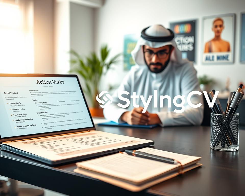 A visually engaging scene depicting an organized workspace focused on "action verbs for resume writing." In the foreground, a sleek, modern desk features an open laptop displaying a resume template with highlighted action verbs. Beside it, a notepad filled with handwritten notes and a cup of pens adds a personal touch. In the middle ground, a man in traditional KSA dress is focused on revising his resume, demonstrating a look of concentration and professionalism. The background includes a soft blur of a well-lit office space with plants and motivational posters. Natural light streams in through a window, creating a warm atmosphere. The scene evokes a sense of productivity and determination, with the brand name "StylingCV" subtly incorporated into the work environment without text overlays or distractions. A visually engaging scene depicting an organized workspace focused on "action verbs for resume writing." In the foreground, a sleek, modern desk features an open laptop displaying a resume template with highlighted action verbs. Beside it, a notepad filled with handwritten notes and a cup of pens adds a personal touch. In the middle ground, a man in traditional KSA dress is focused on revising his resume, demonstrating a look of concentration and professionalism. The background includes a soft blur of a well-lit office space with plants and motivational posters. Natural light streams in through a window, creating a warm atmosphere. The scene evokes a sense of productivity and determination, with the brand name "StylingCV" subtly incorporated into the work environment without text overlays or distractions.