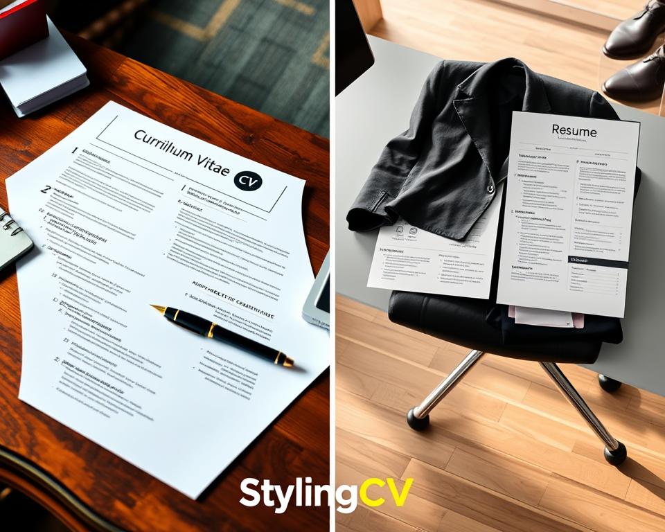 A visually engaging split image illustrating the difference between a Curriculum Vitae (CV) and a Resume. On the left, a detailed CV laid out on an elegant wooden desk, showcasing multiple pages filled with educational background, work experience, and skills, with a soft focus on a sophisticated pen and notebook beside it. On the right, a concise Resume on a sleek modern desk, highlighting key points with bullet lists and personal information, featuring a stylish, business-appropriate outfit draped over a nearby chair. The background is softly blurred office elements, creating a professional atmosphere. Warm, natural lighting illuminates both documents, enhancing clarity and contrast. Include the brand name "StylingCV" subtly integrated into the scene without any text overlay. A visually engaging split image illustrating the difference between a Curriculum Vitae (CV) and a Resume. On the left, a detailed CV laid out on an elegant wooden desk, showcasing multiple pages filled with educational background, work experience, and skills, with a soft focus on a sophisticated pen and notebook beside it. On the right, a concise Resume on a sleek modern desk, highlighting key points with bullet lists and personal information, featuring a stylish, business-appropriate outfit draped over a nearby chair. The background is softly blurred office elements, creating a professional atmosphere. Warm, natural lighting illuminates both documents, enhancing clarity and contrast. Include the brand name "StylingCV" subtly integrated into the scene without any text overlay.