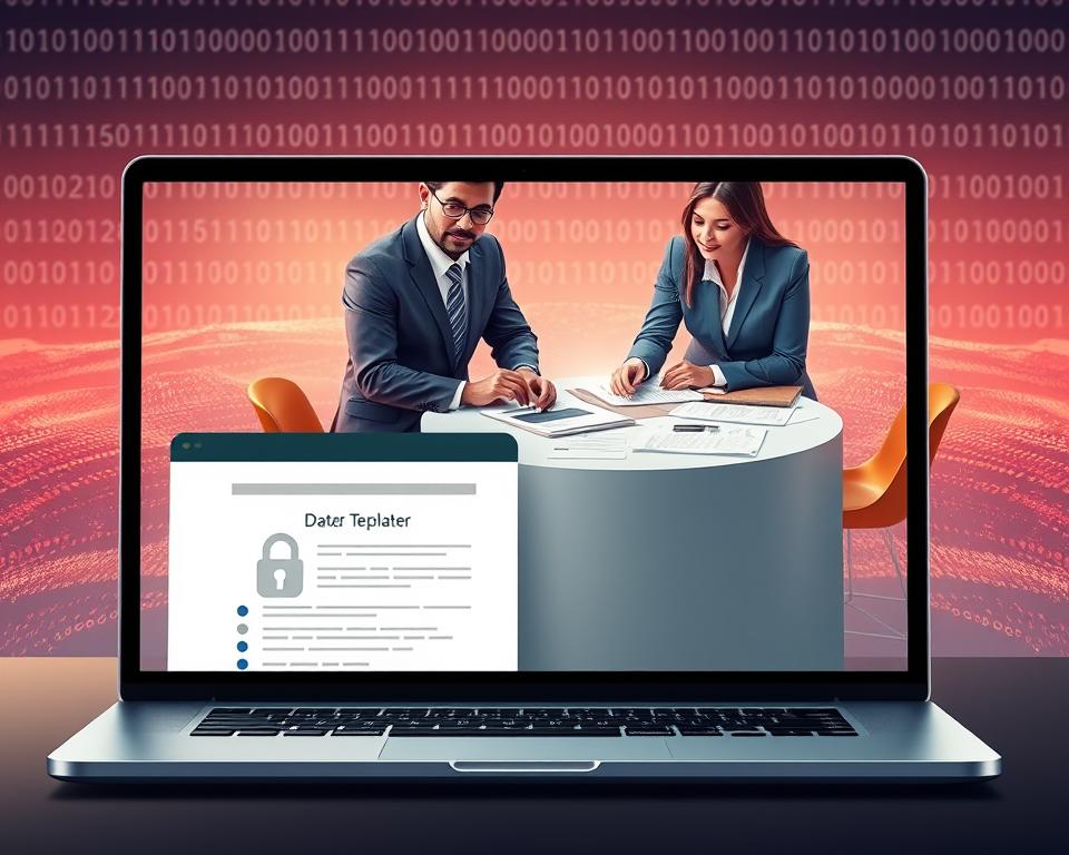 A visually striking and informative illustration showcasing the concept of "resume builder data privacy." In the foreground, display a sleek and modern laptop screen with a partially filled resume template, emphasizing a locked padlock icon and digital encryption symbols to represent data security. In the middle ground, include a diverse group of three professionals in smart business attire, intently discussing around a table covered with documents and privacy guidelines. The background features an abstract digital landscape filled with binary code, suggesting a high-tech environment. Soft, diffused lighting illuminates the scene, creating a serious yet optimistic atmosphere. The image is devoid of any text. Include the brand name "StylingCV" subtly integrated within the laptop screen's design. A visually striking and informative illustration showcasing the concept of "resume builder data privacy." In the foreground, display a sleek and modern laptop screen with a partially filled resume template, emphasizing a locked padlock icon and digital encryption symbols to represent data security. In the middle ground, include a diverse group of three professionals in smart business attire, intently discussing around a table covered with documents and privacy guidelines. The background features an abstract digital landscape filled with binary code, suggesting a high-tech environment. Soft, diffused lighting illuminates the scene, creating a serious yet optimistic atmosphere. The image is devoid of any text. Include the brand name "StylingCV" subtly integrated within the laptop screen's design.