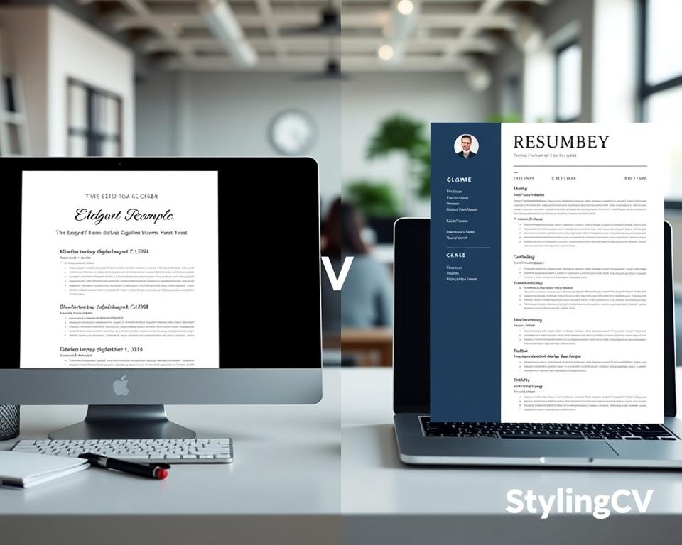 A visually striking comparison of resume examples and templates, featuring two distinct areas side by side. In the foreground, a digital workspace displays an elegant resume example on the left, showcasing sophisticated fonts and a unique layout, contrasted with a classic resume template on the right, illustrated with standard sections and a clean design. In the middle ground, office supplies like pens and a laptop provide context, while background elements include a soft-focus office environment, hinting at productivity. The lighting is bright and flattering, creating a professional atmosphere, and the angle is slightly overhead to capture both resumes clearly. The mood is informative and engaging, with the brand name "StylingCV" subtly integrated into the design as a watermark. A visually striking comparison of resume examples and templates, featuring two distinct areas side by side. In the foreground, a digital workspace displays an elegant resume example on the left, showcasing sophisticated fonts and a unique layout, contrasted with a classic resume template on the right, illustrated with standard sections and a clean design. In the middle ground, office supplies like pens and a laptop provide context, while background elements include a soft-focus office environment, hinting at productivity. The lighting is bright and flattering, creating a professional atmosphere, and the angle is slightly overhead to capture both resumes clearly. The mood is informative and engaging, with the brand name "StylingCV" subtly integrated into the design as a watermark.