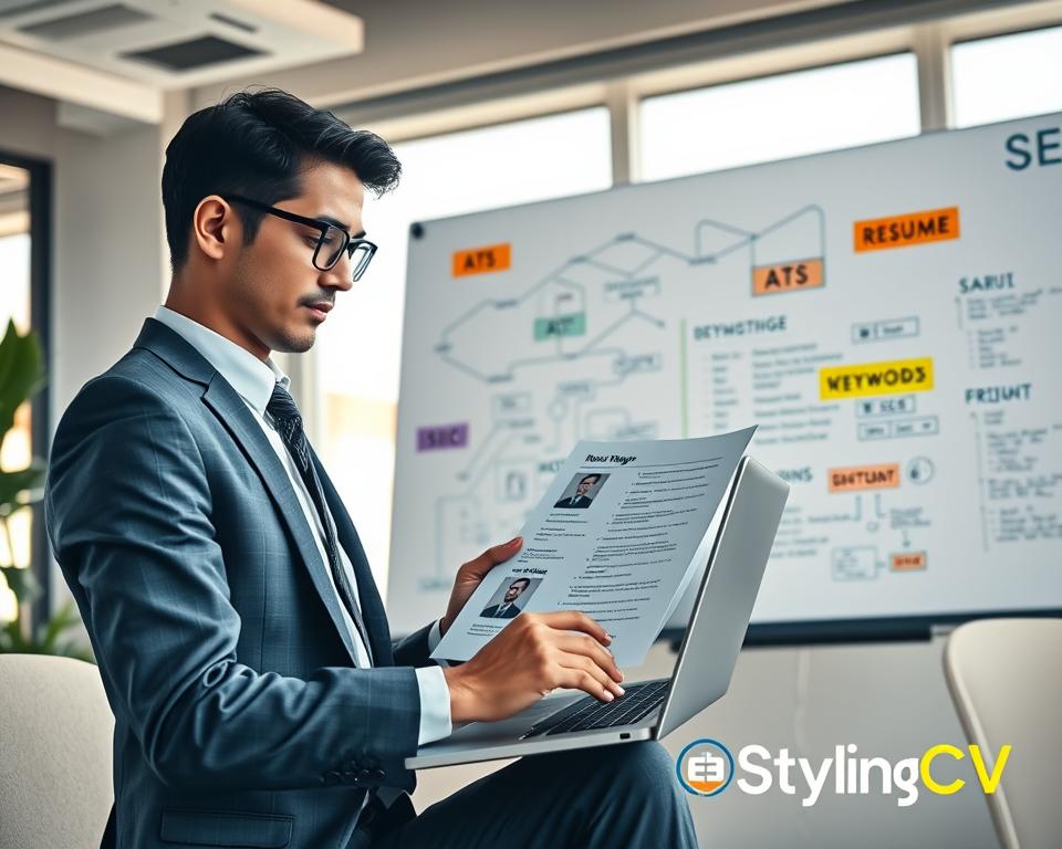 A visually striking composition illustrating "keyword optimization strategies" for resumes, set in a modern office environment. In the foreground, a professional individual in business attire is confidently analyzing a digital resume on a sleek laptop, surrounded by colorful, floating keyword tags like "ATS", "SEO", and "keywords". The middle ground features a whiteboard filled with diagrams, flowcharts, and notes about optimization techniques. In the background, a large window allows warm, natural light to stream in, enhancing the productive atmosphere. The focus is on clarity and professionalism, embodying a sense of innovation and efficiency, suitable for the article section titled "Optimize Resume for ATS with AI: Essential Techniques". Include the brand name "StylingCV" subtly integrated into the design without any text, ensuring a cohesive theme.