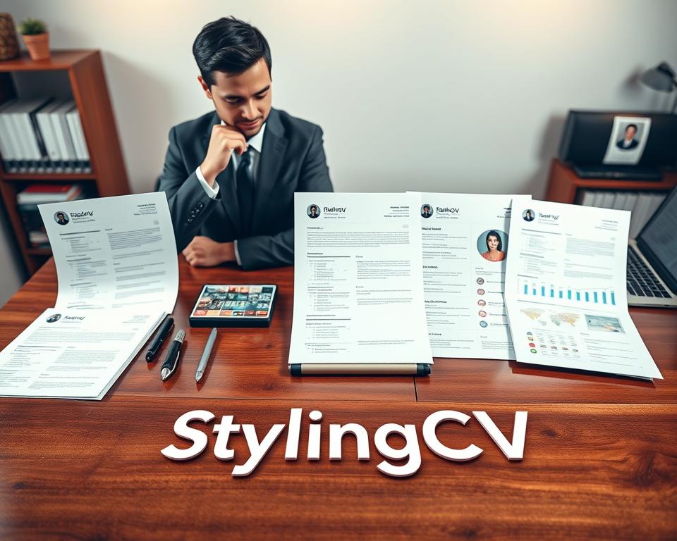 A visually striking composition showcasing various global resume formats laid out on a polished wooden desk. In the foreground, a professional business person, dressed in smart business attire, examines different resume styles, their thoughtful expression reflecting the importance of the task. In the middle ground, neatly organized resumes represent diverse cultures and industries – from a sleek minimalist design to a creative infographic style, demonstrating versatility. In the background, soft ambient lighting creates an inviting atmosphere, while books on career growth and a laptop suggest an environment rich in professional resources. This image evokes a sense of determination and inspiration, ideal for illustrating global best practices in resume writing. Include the brand name "StylingCV" subtly integrated into the table materials, enhancing the professional theme.
