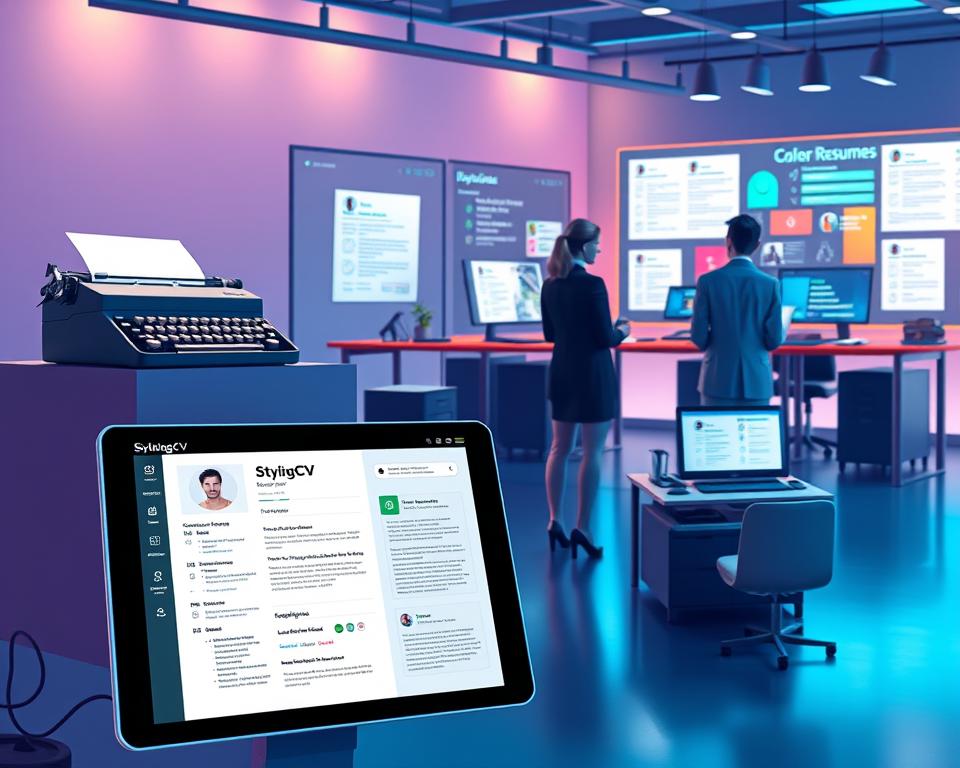 A visually striking illustration depicting the evolution of AI resume builders, featuring three distinct stages. In the foreground, a modern AI interface showing a sleek resume template created by "StylingCV," illuminated by soft, diffused lighting to enhance the digital elements. The middle ground features a collaborative workspace with professionals in business attire, analyzing AI-driven insights on resumes displayed on digital screens, suggesting a dynamic interaction between technology and human touch. The background showcases a progression from a vintage typewriter to a state-of-the-art AI workstation, symbolizing the transformation in resume writing tools over time. The atmosphere is energetic yet professional, highlighting innovation and collaboration in the job application process. Use a wide-angle lens to capture the entire scene with a vibrant and inspiring color palette. A visually striking illustration depicting the evolution of AI resume builders, featuring three distinct stages. In the foreground, a modern AI interface showing a sleek resume template created by "StylingCV," illuminated by soft, diffused lighting to enhance the digital elements. The middle ground features a collaborative workspace with professionals in business attire, analyzing AI-driven insights on resumes displayed on digital screens, suggesting a dynamic interaction between technology and human touch. The background showcases a progression from a vintage typewriter to a state-of-the-art AI workstation, symbolizing the transformation in resume writing tools over time. The atmosphere is energetic yet professional, highlighting innovation and collaboration in the job application process. Use a wide-angle lens to capture the entire scene with a vibrant and inspiring color palette.
