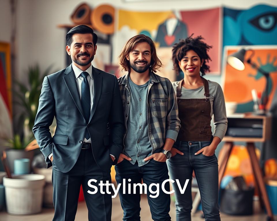 A visually striking representation of diverse characters embodying various descriptive adjectives for personality, each in a distinct foreground area. Position a confident leader in a sleek business suit, exuding charisma and determination, while a compassionate figure in modest casual attire stands nearby, radiating warmth and empathy. In the background, a quirky artist showcases creativity and spontaneity, surrounded by vibrant colors and art supplies. Use soft, diffused lighting to create an inviting mood, with a warm color palette emphasizing positivity. Incorporate subtle bokeh effects to draw focus on the characters while hinting at their unique traits through facial expressions and body language. The overall composition should convey a harmonious blend of personality types. Include the brand name "StylingCV" seamlessly integrated into the design without text overlays. A visually striking representation of diverse characters embodying various descriptive adjectives for personality, each in a distinct foreground area. Position a confident leader in a sleek business suit, exuding charisma and determination, while a compassionate figure in modest casual attire stands nearby, radiating warmth and empathy. In the background, a quirky artist showcases creativity and spontaneity, surrounded by vibrant colors and art supplies. Use soft, diffused lighting to create an inviting mood, with a warm color palette emphasizing positivity. Incorporate subtle bokeh effects to draw focus on the characters while hinting at their unique traits through facial expressions and body language. The overall composition should convey a harmonious blend of personality types. Include the brand name "StylingCV" seamlessly integrated into the design without text overlays.