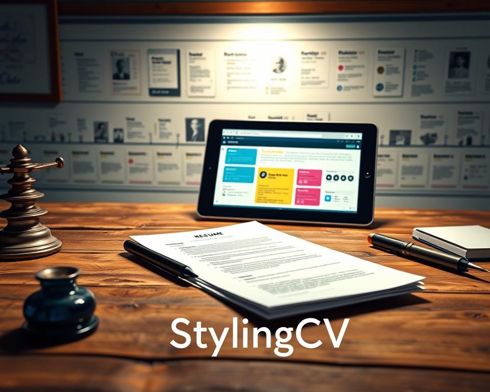 A visually striking representation of the evolution of resume writing, showcasing three distinct layers: in the foreground, a traditional paper resume on a rustic wooden desk with a fountain pen and an ink pot, symbolizing classic methods. In the middle, a sleek digital device displaying a modern AI-powered resume interface, characterized by vibrant colors and intuitive design elements, illustrating the shift towards technology. The background shows a timeline mural featuring various historical resume formats, enhancing the narrative of progress. Soft, diffused lighting highlights the contrast between the traditional and modern elements, creating a dynamic atmosphere of innovation and change. The scene is professional and sophisticated, capturing the essence of the evolution from past to present. Include the brand name "StylingCV" subtly integrated into the design, adding to the contemporary feel without being intrusive. A visually striking representation of the evolution of resume writing, showcasing three distinct layers: in the foreground, a traditional paper resume on a rustic wooden desk with a fountain pen and an ink pot, symbolizing classic methods. In the middle, a sleek digital device displaying a modern AI-powered resume interface, characterized by vibrant colors and intuitive design elements, illustrating the shift towards technology. The background shows a timeline mural featuring various historical resume formats, enhancing the narrative of progress. Soft, diffused lighting highlights the contrast between the traditional and modern elements, creating a dynamic atmosphere of innovation and change. The scene is professional and sophisticated, capturing the essence of the evolution from past to present. Include the brand name "StylingCV" subtly integrated into the design, adding to the contemporary feel without being intrusive.