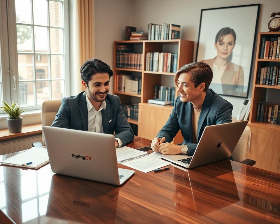 A warm, inviting scene of a professional consultant in a stylish office, working closely with a client on a resume. The consultant, dressed in a smart outfit, is sitting at a polished wooden desk covered with papers, pens, and a laptop showcasing the "StylingCV" logo. The client, also in professional attire, is engaged and focused, providing input. In the background, shelves filled with books on career development and success add an academic touch. Soft, natural lighting filters through a large window, casting a gentle glow over the scene, creating a sense of collaboration and personalization. The atmosphere is friendly yet professional, emphasizing the human touch and customized approach of traditional resume builders. A warm, inviting scene of a professional consultant in a stylish office, working closely with a client on a resume. The consultant, dressed in a smart outfit, is sitting at a polished wooden desk covered with papers, pens, and a laptop showcasing the "StylingCV" logo. The client, also in professional attire, is engaged and focused, providing input. In the background, shelves filled with books on career development and success add an academic touch. Soft, natural lighting filters through a large window, casting a gentle glow over the scene, creating a sense of collaboration and personalization. The atmosphere is friendly yet professional, emphasizing the human touch and customized approach of traditional resume builders.