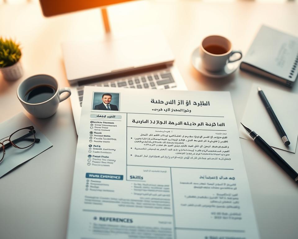 A well-organized and visually appealing layout depicting the essential components of a professional Arabic resume. In the foreground, focus on a neatly formatted resume with sections like personal information, objective statement, work experience, education, skills, and references. Each section should be clearly delineated with relevant icons or symbols, styled in modern Arabic typography. In the middle ground, subtle elements like a desktop with a laptop, stationery, and a cup of coffee to create a professional ambiance. The background should feature soft, warm lighting that evokes a sense of sophistication and clarity. Use a slight top-down angle to capture the depth of the resume and surrounding workspace, while maintaining a clean and uncluttered aesthetic. The mood should feel inspiring and aspirational for job seekers. A well-organized and visually appealing layout depicting the essential components of a professional Arabic resume. In the foreground, focus on a neatly formatted resume with sections like personal information, objective statement, work experience, education, skills, and references. Each section should be clearly delineated with relevant icons or symbols, styled in modern Arabic typography. In the middle ground, subtle elements like a desktop with a laptop, stationery, and a cup of coffee to create a professional ambiance. The background should feature soft, warm lighting that evokes a sense of sophistication and clarity. Use a slight top-down angle to capture the depth of the resume and surrounding workspace, while maintaining a clean and uncluttered aesthetic. The mood should feel inspiring and aspirational for job seekers.