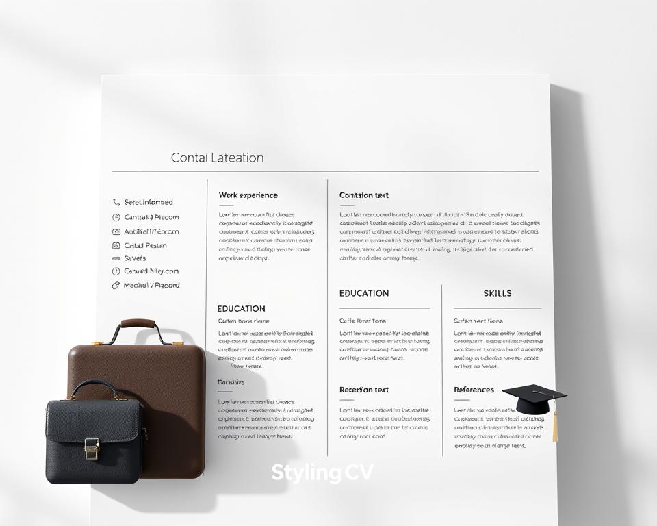 A well-organized and visually appealing layout of resume template components, featuring sections such as contact information, work experience, education, skills, and references. In the foreground, professional icons representing each component, like a briefcase for work experience and a graduation cap for education, are artistically arranged. The middle ground includes neatly styled sections with placeholder text, each highlighted with soft shadows to create depth. The background consists of a subtle gradient, transitioning from light gray to white, ensuring a clean and contemporary look. The overall atmosphere is minimalist and elegant, conveying professionalism and clarity. Soft, natural lighting enhances the visual appeal, while the orientation is portrait. The brand name "StylingCV" is subtly incorporated within the design elements. A well-organized and visually appealing layout of resume template components, featuring sections such as contact information, work experience, education, skills, and references. In the foreground, professional icons representing each component, like a briefcase for work experience and a graduation cap for education, are artistically arranged. The middle ground includes neatly styled sections with placeholder text, each highlighted with soft shadows to create depth. The background consists of a subtle gradient, transitioning from light gray to white, ensuring a clean and contemporary look. The overall atmosphere is minimalist and elegant, conveying professionalism and clarity. Soft, natural lighting enhances the visual appeal, while the orientation is portrait. The brand name "StylingCV" is subtly incorporated within the design elements.